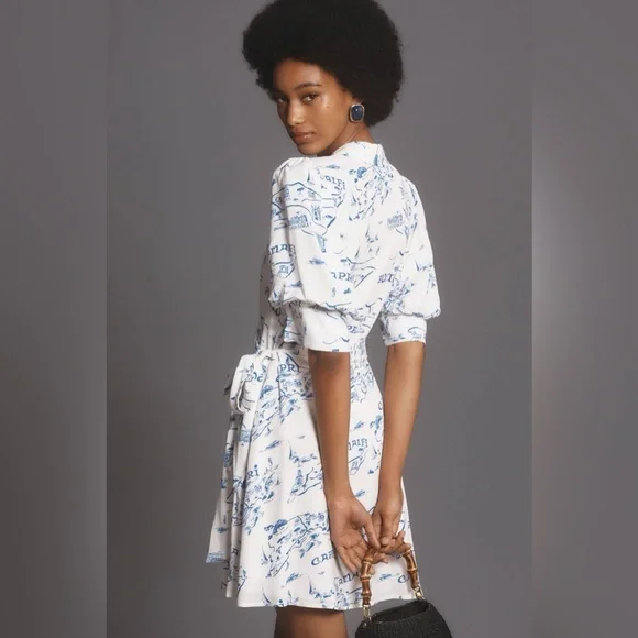 Anthropologie Maeve Short-Sleeve Collared Wrap Mini Dress Amalfi Capri Sz Small - Picture 3 of 9